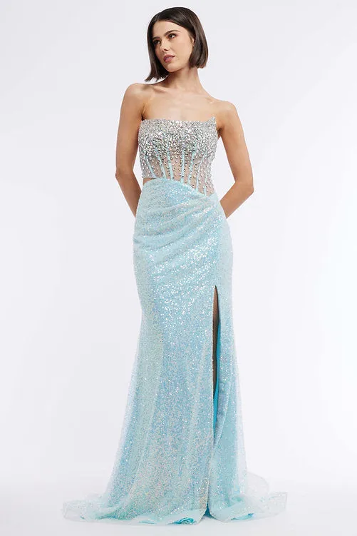 Vienna Prom 8885 Size 4 Yellow Sheer Crystal Corset Sequin Prom Dress Slit Pageant Gown Ruched Waist