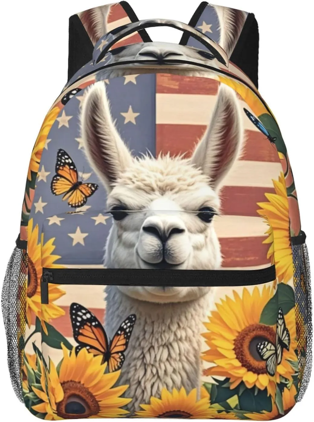 Vintage American Flag Alpaca Sunflower Backpack Adjustable Shoulder Bag 15 Inch Laptop Backpacks for Travel Hiking Outdoor