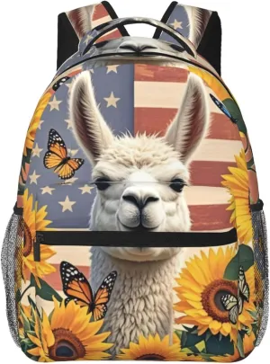Vintage American Flag Alpaca Sunflower Backpack Adjustable Shoulder Bag 15 Inch Laptop Backpacks for Travel Hiking Outdoor