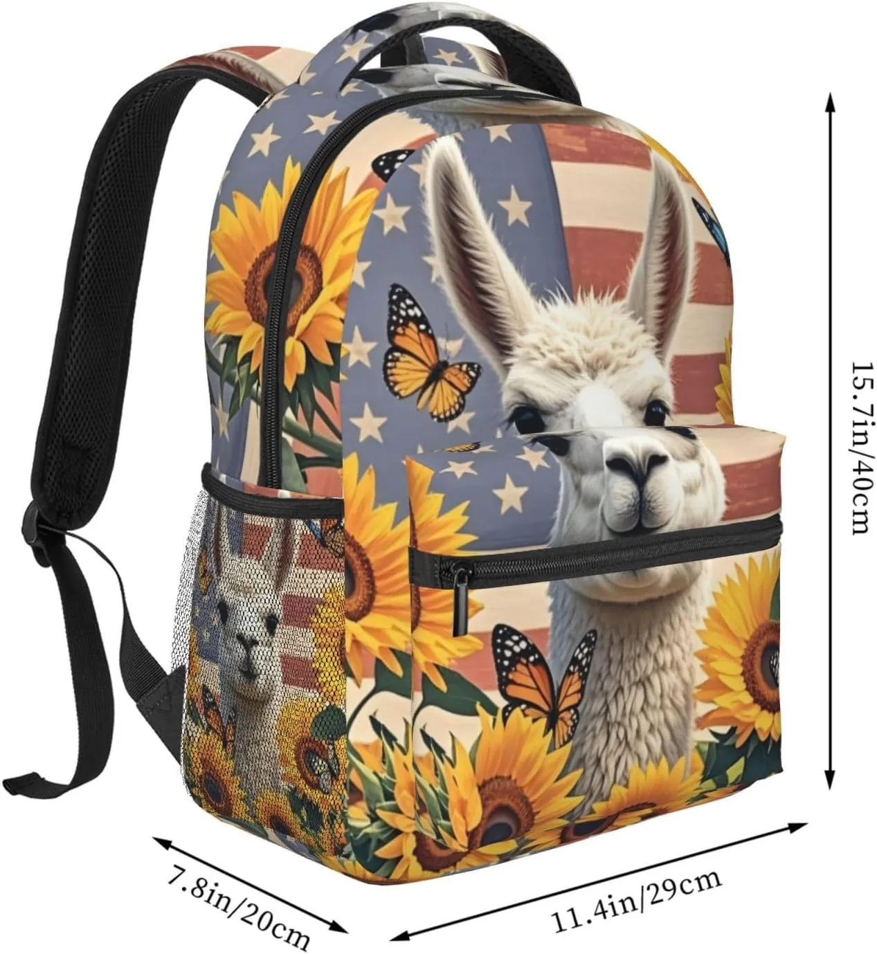Vintage American Flag Alpaca Sunflower Backpack Adjustable Shoulder Bag 15 Inch Laptop Backpacks for Travel Hiking Outdoor