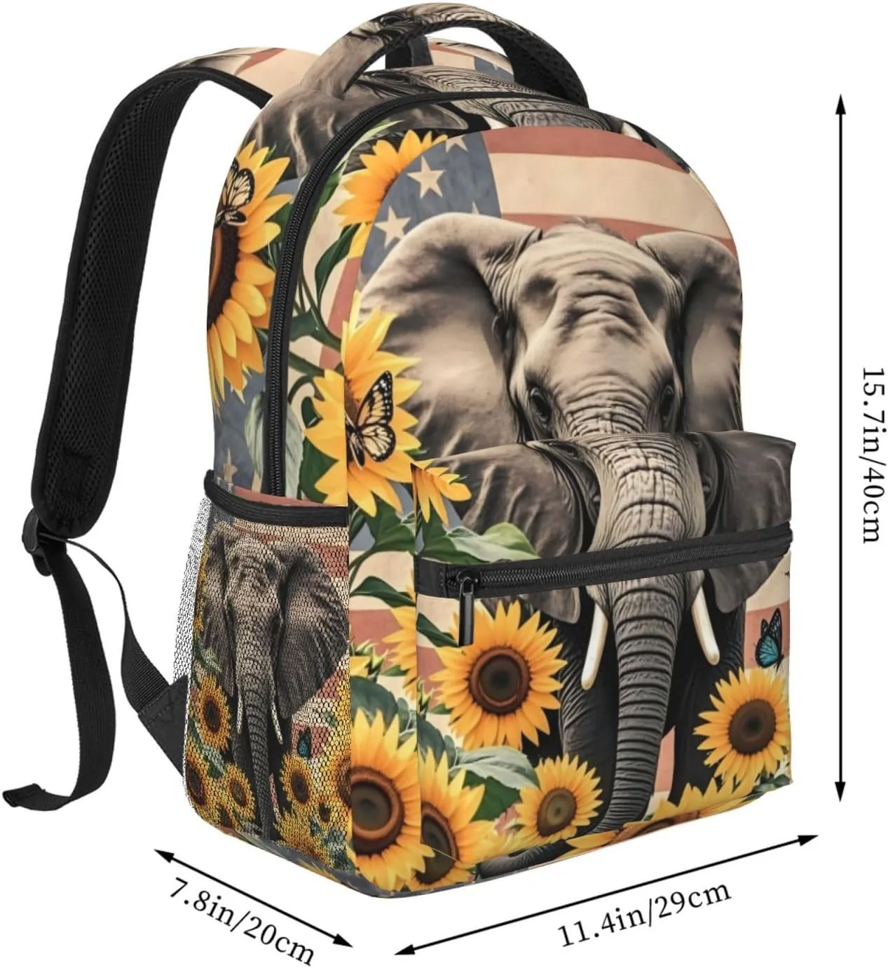 Vintage American Flag Elephant Sunflower Backpack Adjustable Shoulder Bag 15 Inch Laptop Backpacks for Travel Hiking Outdoor