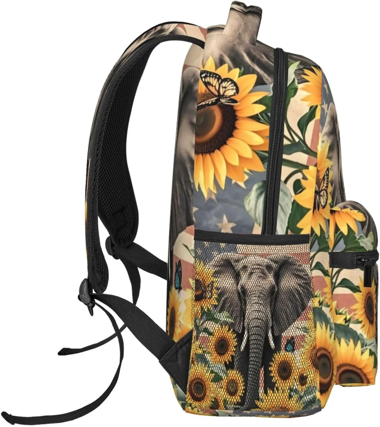 Vintage American Flag Elephant Sunflower Backpack Adjustable Shoulder Bag 15 Inch Laptop Backpacks for Travel Hiking Outdoor