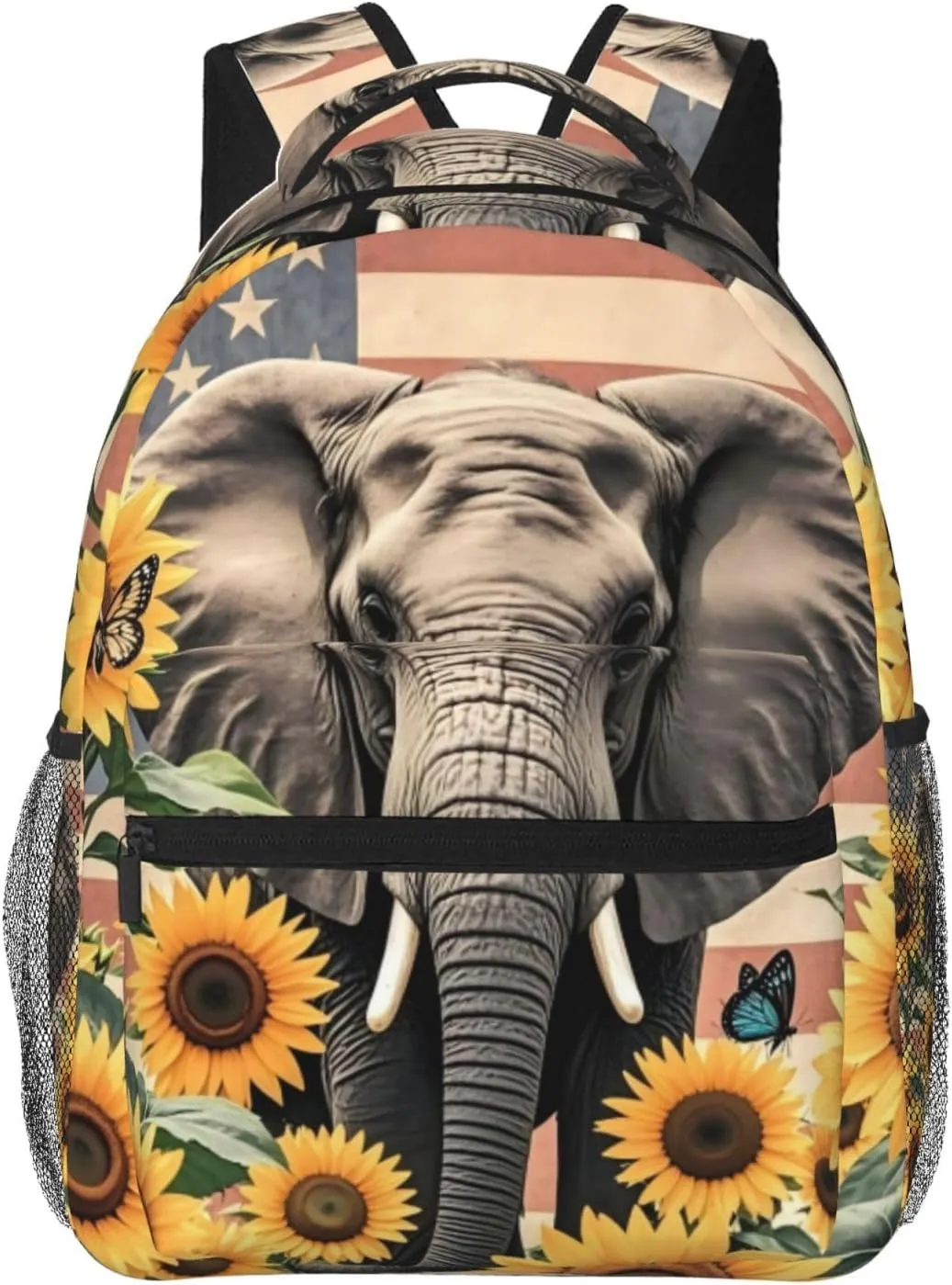 Vintage American Flag Elephant Sunflower Backpack Adjustable Shoulder Bag 15 Inch Laptop Backpacks for Travel Hiking Outdoor