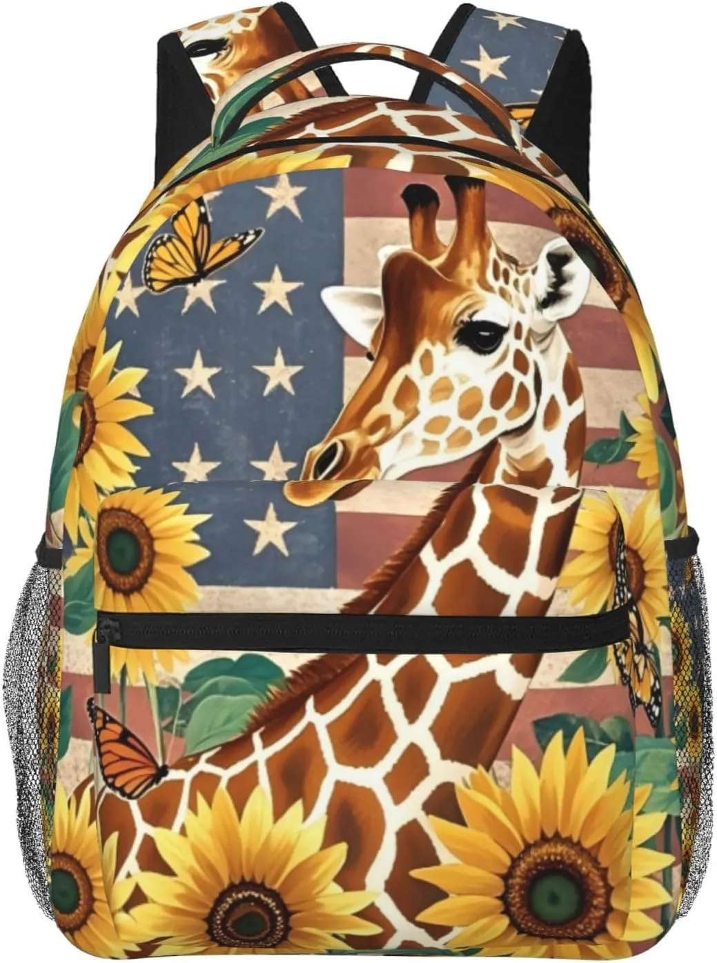 Vintage American Flag Giraffe Sunflower Backpack Adjustable Shoulder Bag 15 Inch Laptop Backpacks for Travel Hiking Outdoor