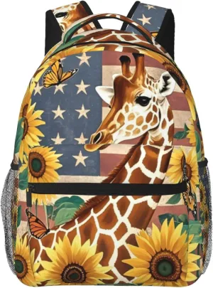 Vintage American Flag Giraffe Sunflower Backpack Adjustable Shoulder Bag 15 Inch Laptop Backpacks for Travel Hiking Outdoor