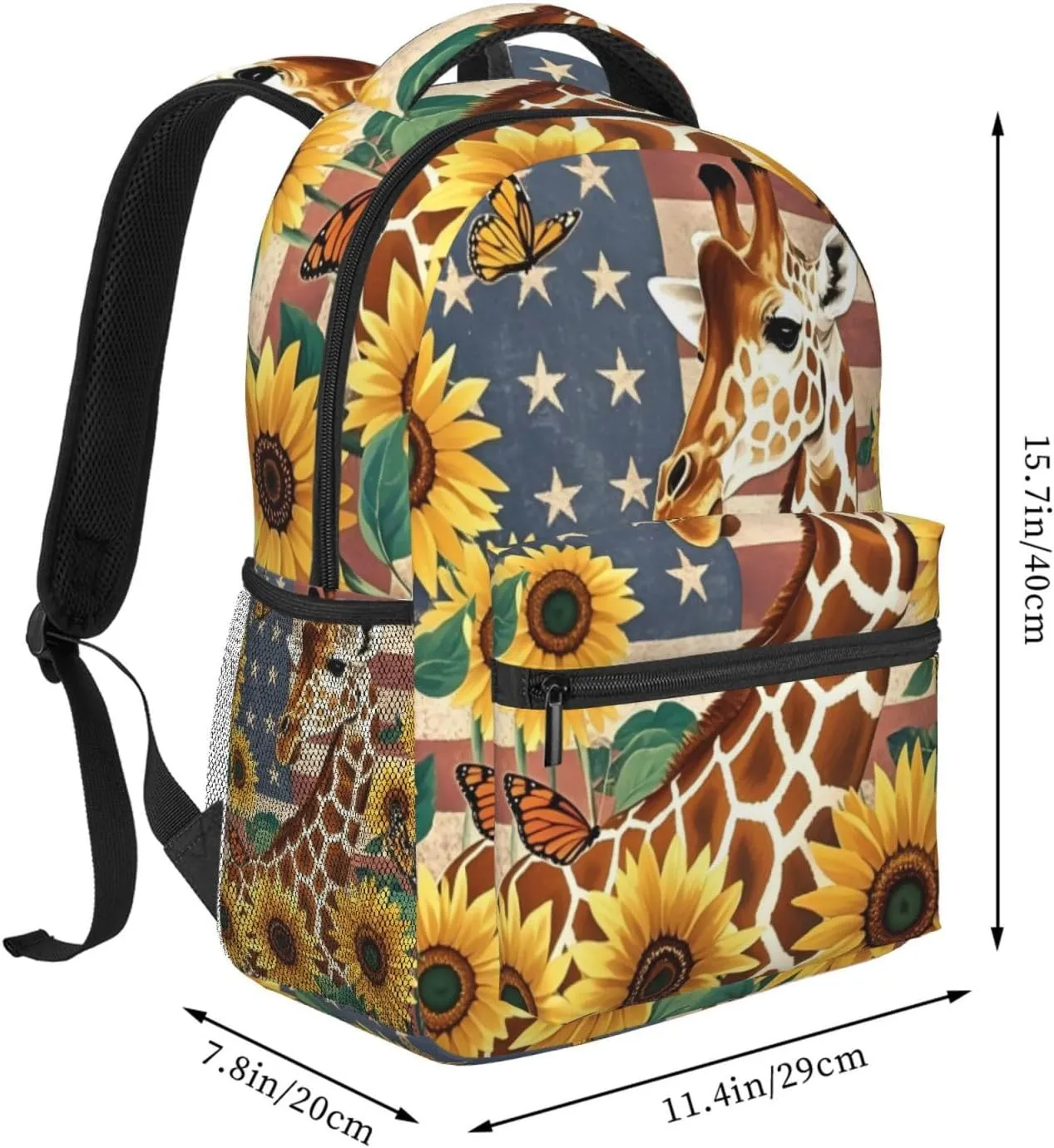 Vintage American Flag Giraffe Sunflower Backpack Adjustable Shoulder Bag 15 Inch Laptop Backpacks for Travel Hiking Outdoor