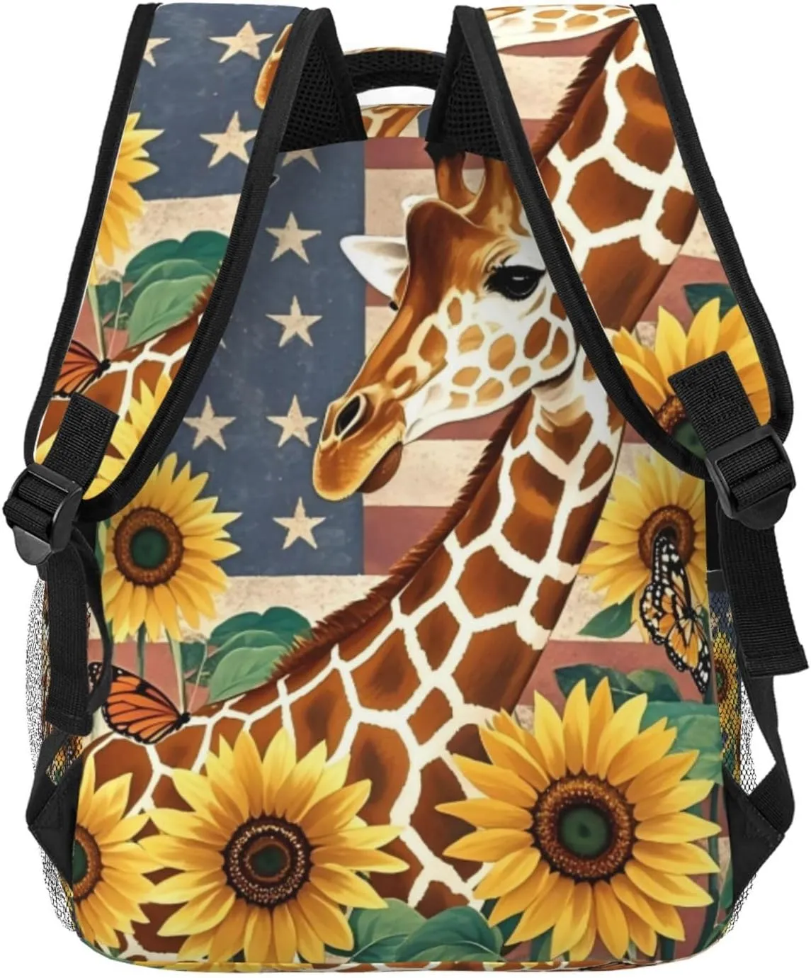 Vintage American Flag Giraffe Sunflower Backpack Adjustable Shoulder Bag 15 Inch Laptop Backpacks for Travel Hiking Outdoor