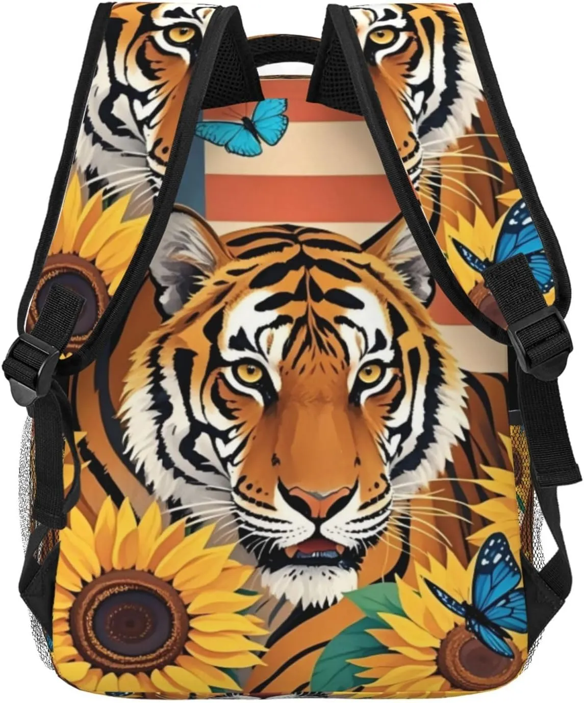 Vintage American Flag Tiger Sunflower Backpack Adjustable Shoulder Bag 15 Inch Laptop Backpacks for Travel Hiking Outdoor