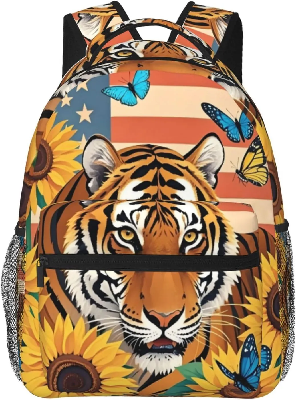 Vintage American Flag Tiger Sunflower Backpack Adjustable Shoulder Bag 15 Inch Laptop Backpacks for Travel Hiking Outdoor