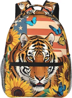 Vintage American Flag Tiger Sunflower Backpack Adjustable Shoulder Bag 15 Inch Laptop Backpacks for Travel Hiking Outdoor