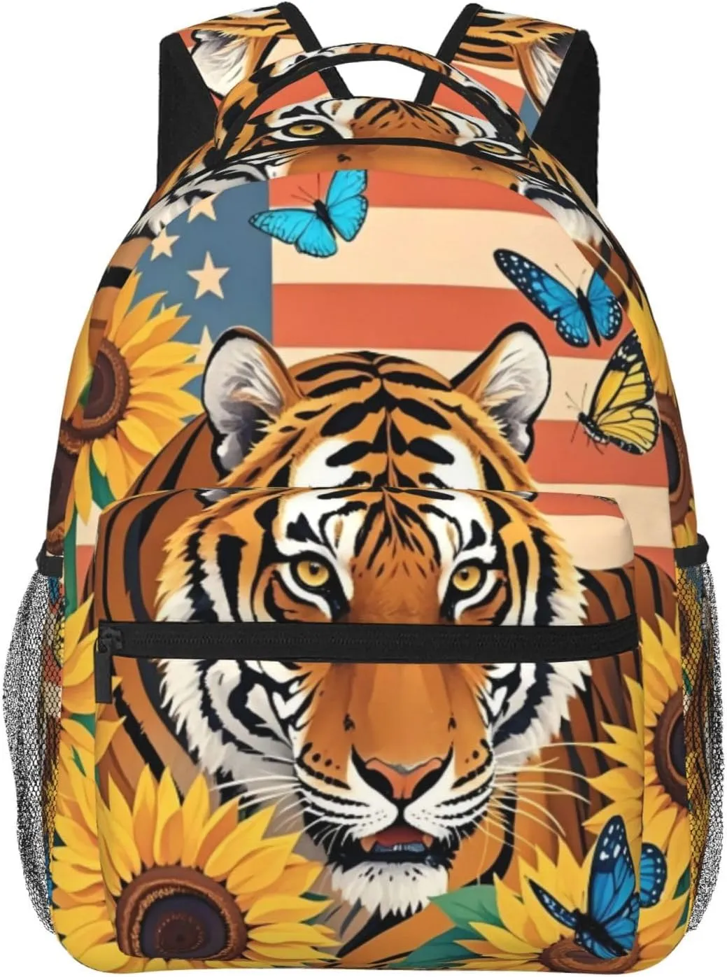 Vintage American Flag Tiger Sunflower Backpack Adjustable Shoulder Bag 15 Inch Laptop Backpacks for Travel Hiking Outdoor