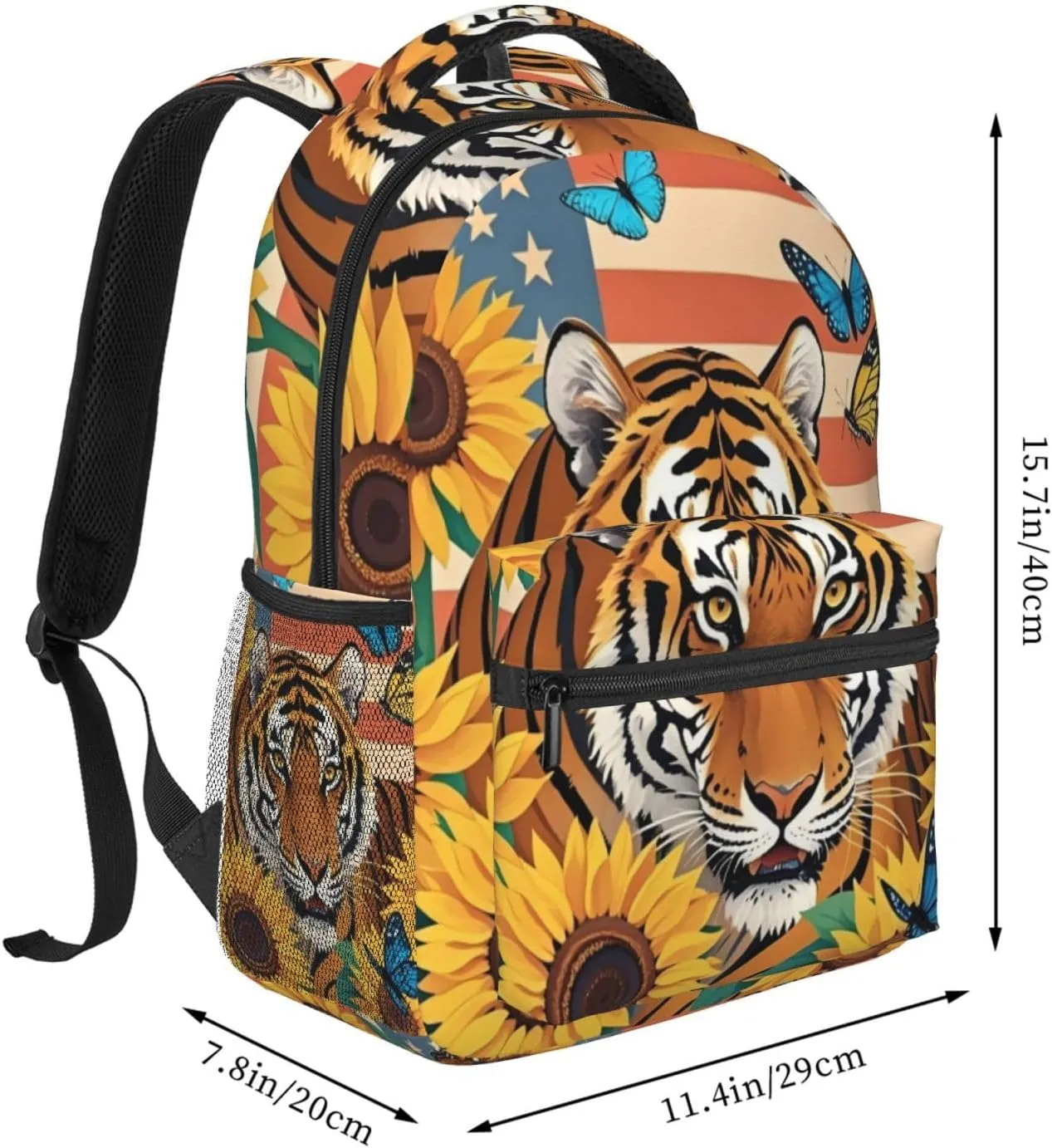 Vintage American Flag Tiger Sunflower Backpack Adjustable Shoulder Bag 15 Inch Laptop Backpacks for Travel Hiking Outdoor