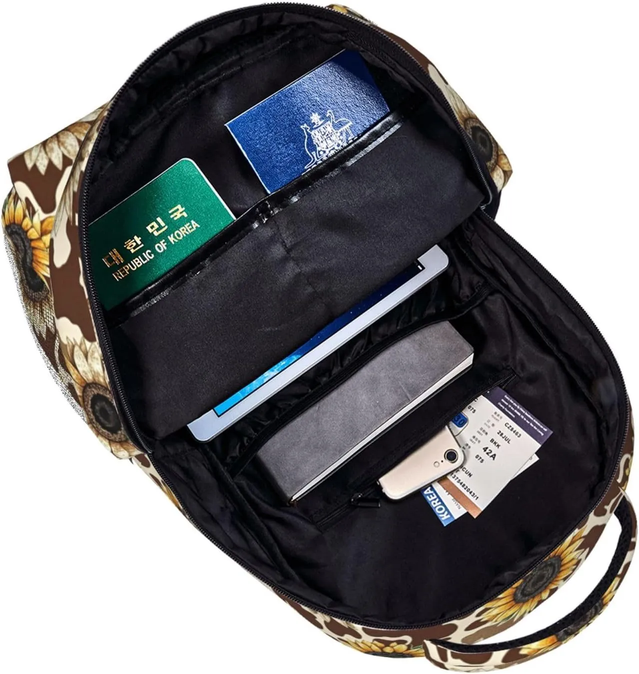 Vintage Brown Cow Print and Sunflower Backpack Adjustable Shoulder Bag 15 Inch Laptop Backpacks for Travel Hiking Outdoor