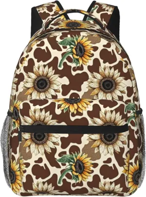 Vintage Brown Cow Print and Sunflower Backpack Adjustable Shoulder Bag 15 Inch Laptop Backpacks for Travel Hiking Outdoor
