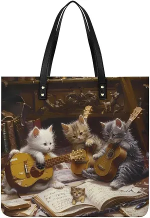 Vintage Cats The Musician Top Handle Satchel Handbags PU Leather Tote Bags Shoulder Bags for Women