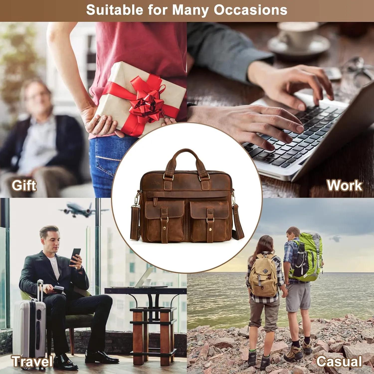 Vintage Men's Genuine Leather Briefcases 15.6 Inch Laptop Bag Business Computer Satchel Bags Handbag