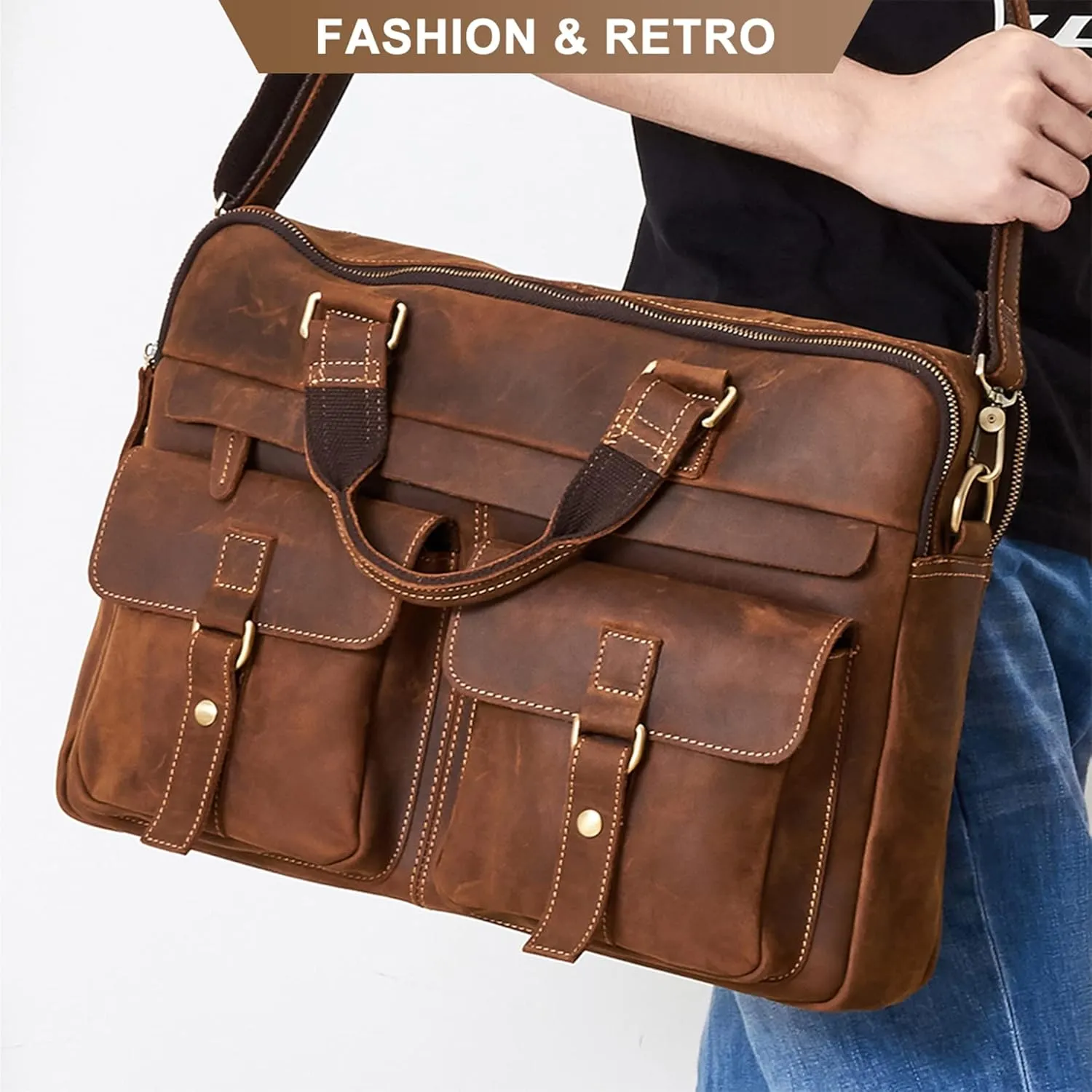 Vintage Men's Genuine Leather Briefcases 15.6 Inch Laptop Bag Business Computer Satchel Bags Handbag