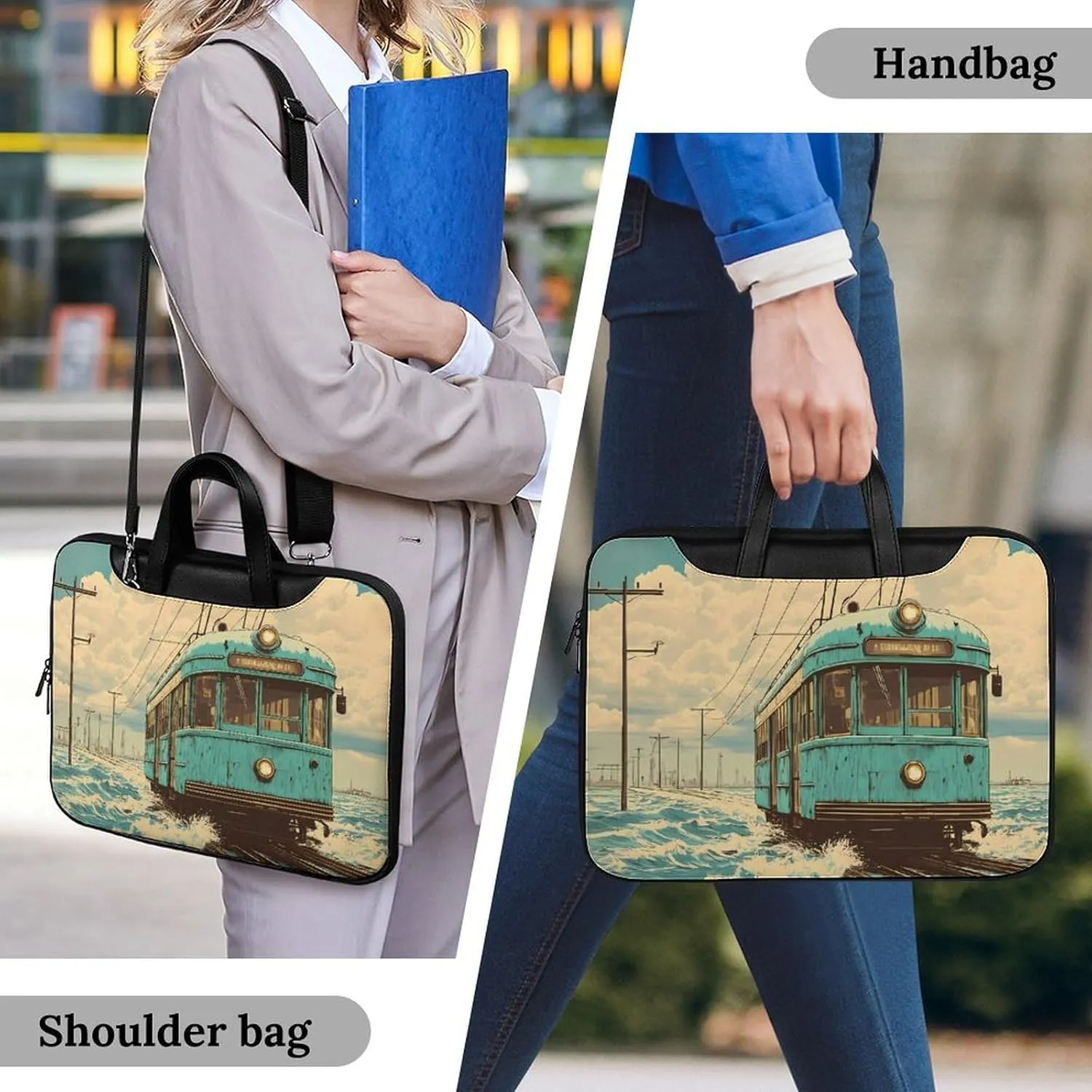 Vintage Old Japanese Train On Water Leather Bag Laptop Case Slim Water Resistant Computer Bags with Handle Briefcase for Work