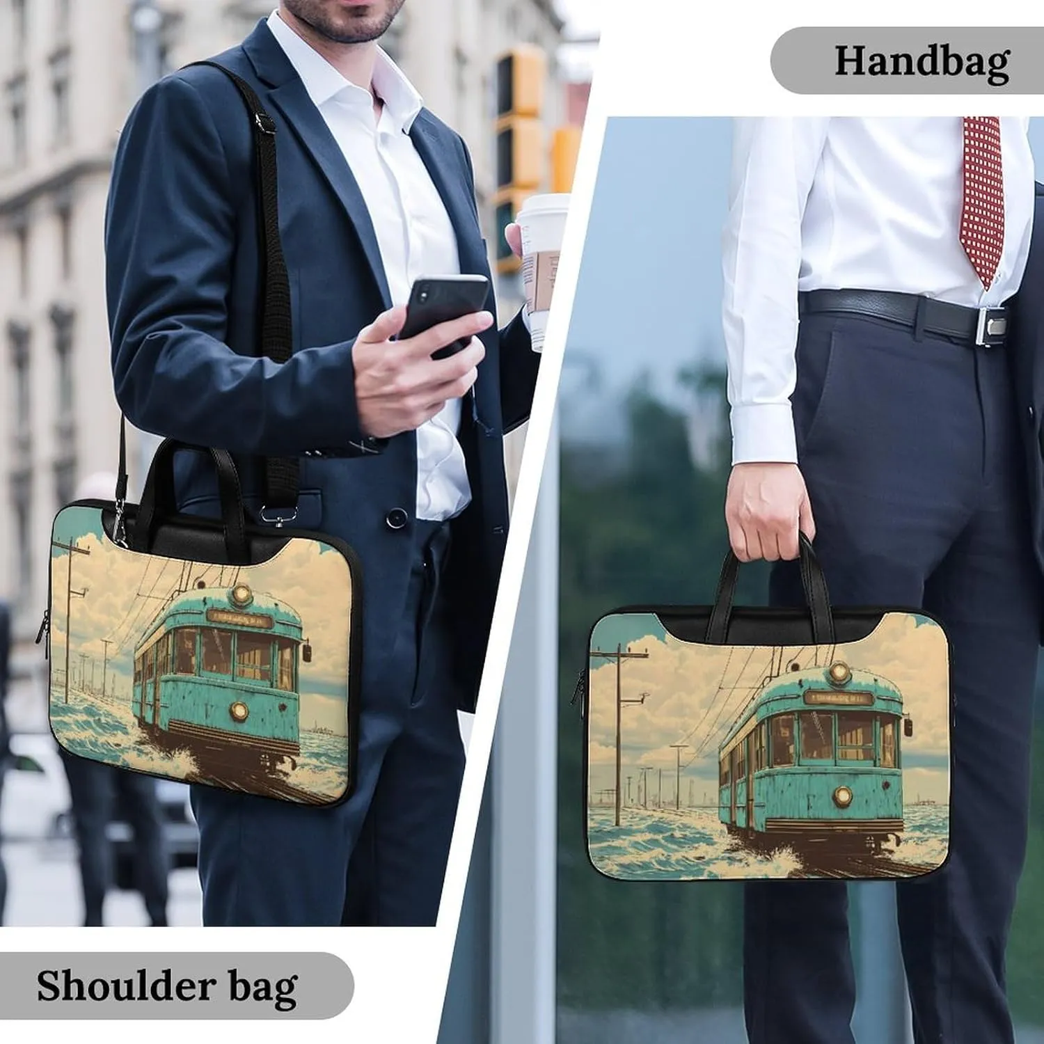 Vintage Old Japanese Train On Water Leather Bag Laptop Case Slim Water Resistant Computer Bags with Handle Briefcase for Work