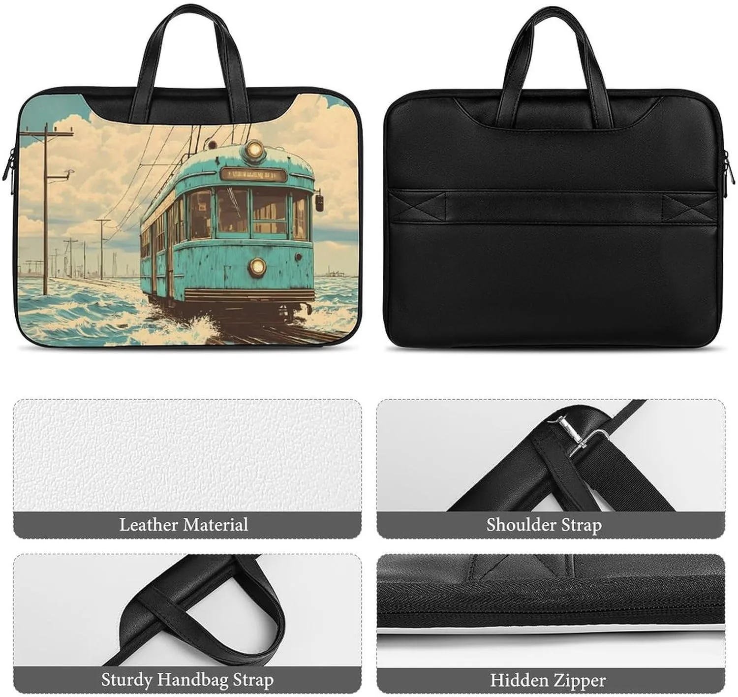 Vintage Old Japanese Train On Water Leather Bag Laptop Case Slim Water Resistant Computer Bags with Handle Briefcase for Work