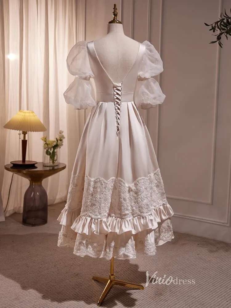 Vintage Puff Sleeve Gown Tea Length Champagne Satin Prom Dresses BJ010