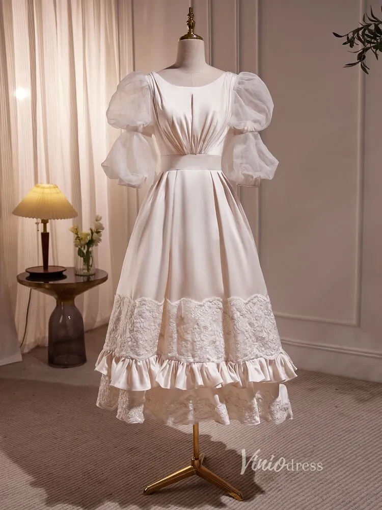 Vintage Puff Sleeve Gown Tea Length Champagne Satin Prom Dresses BJ010