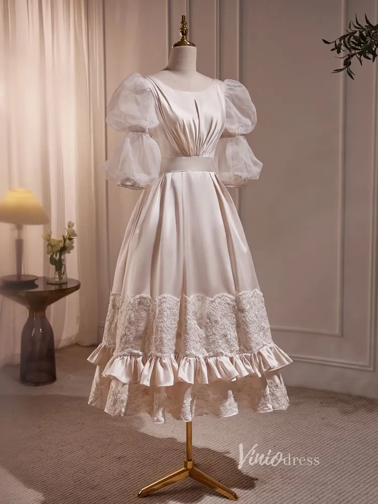 Vintage Puff Sleeve Gown Tea Length Champagne Satin Prom Dresses BJ010
