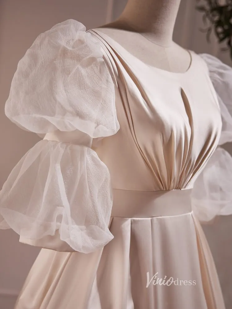 Vintage Puff Sleeve Gown Tea Length Champagne Satin Prom Dresses BJ010