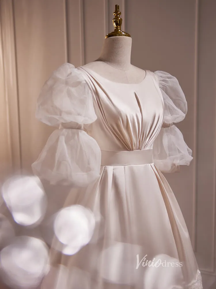 Vintage Puff Sleeve Gown Tea Length Champagne Satin Prom Dresses BJ010