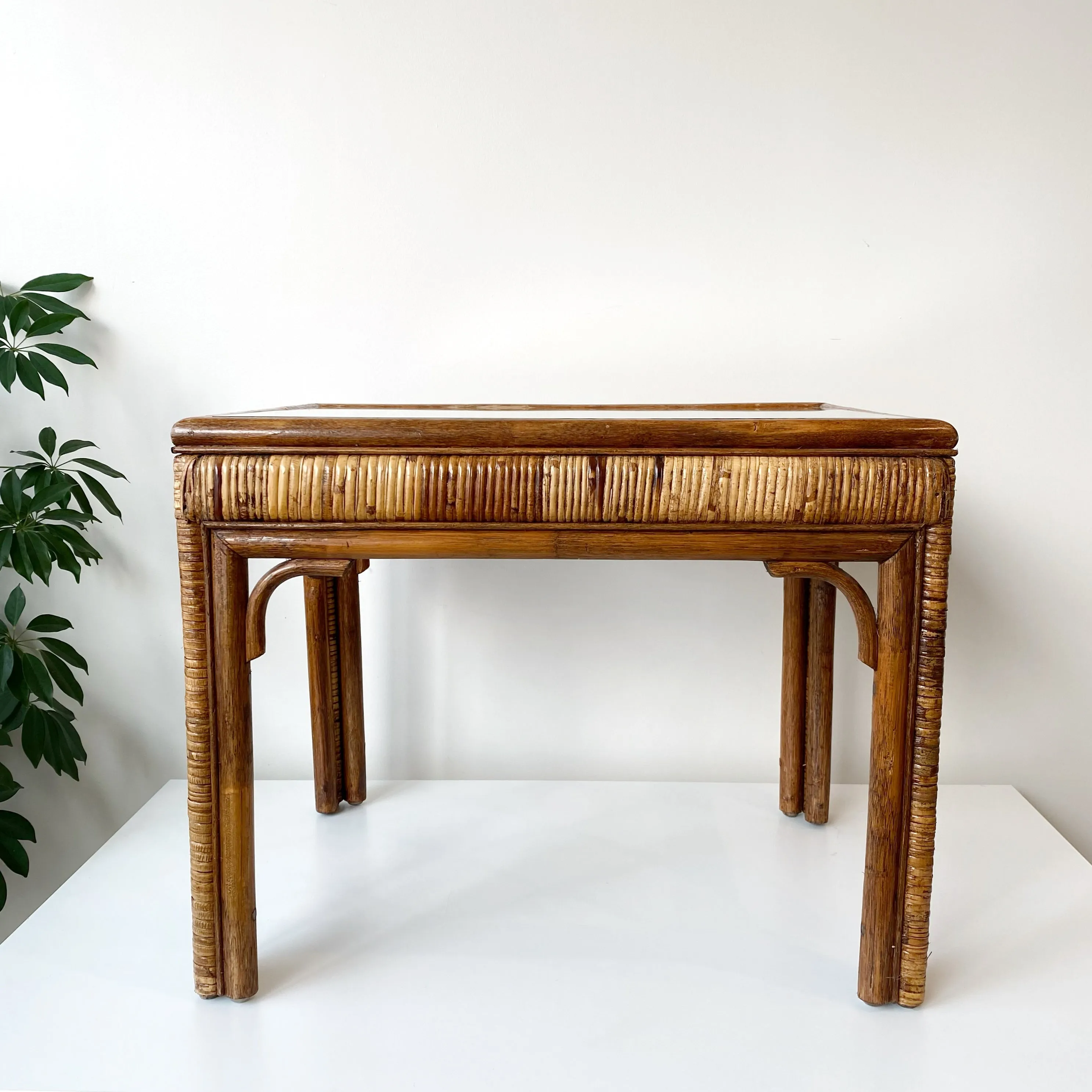 Vintage Rattan   Glass End Table / Side Table