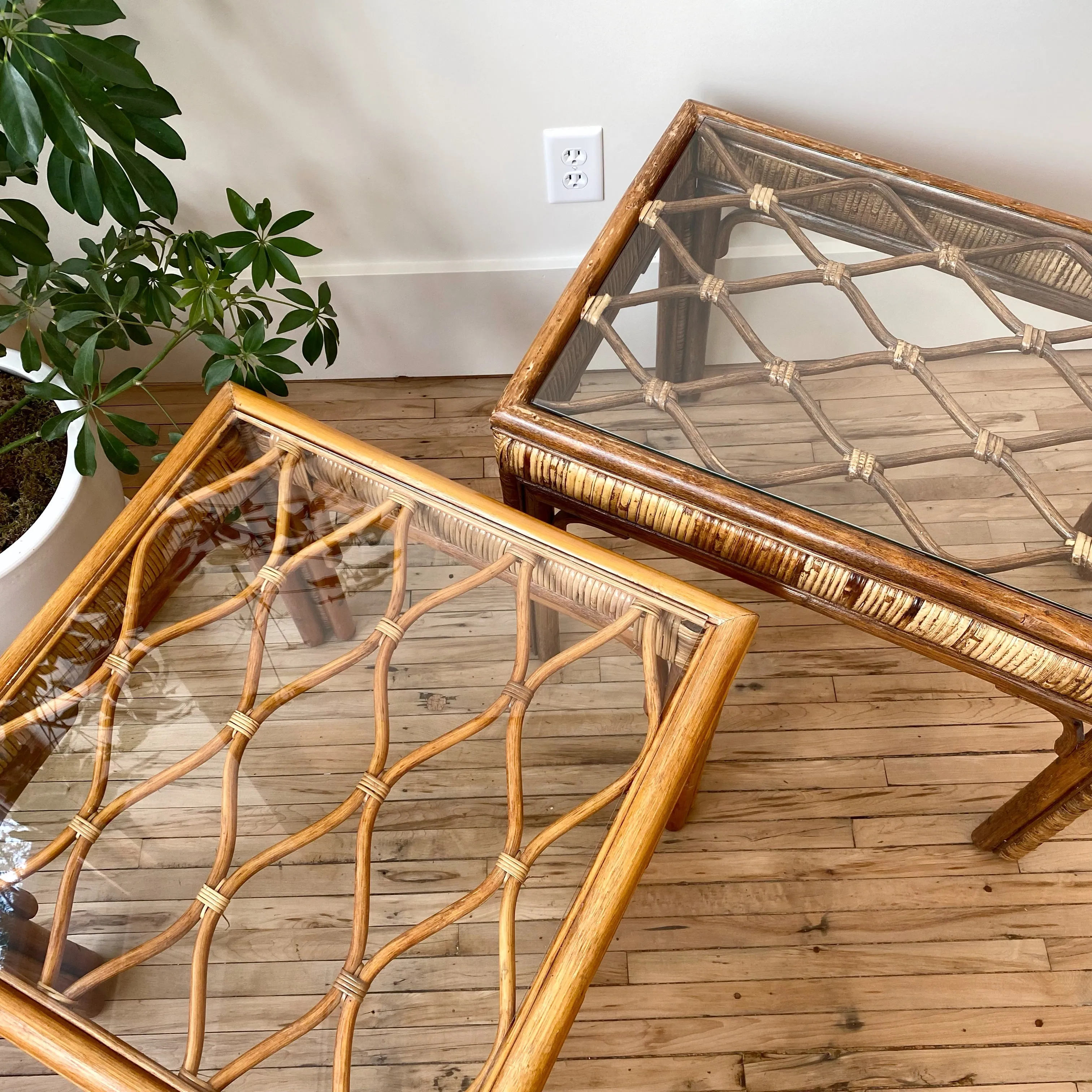 Vintage Rattan   Glass End Table / Side Table
