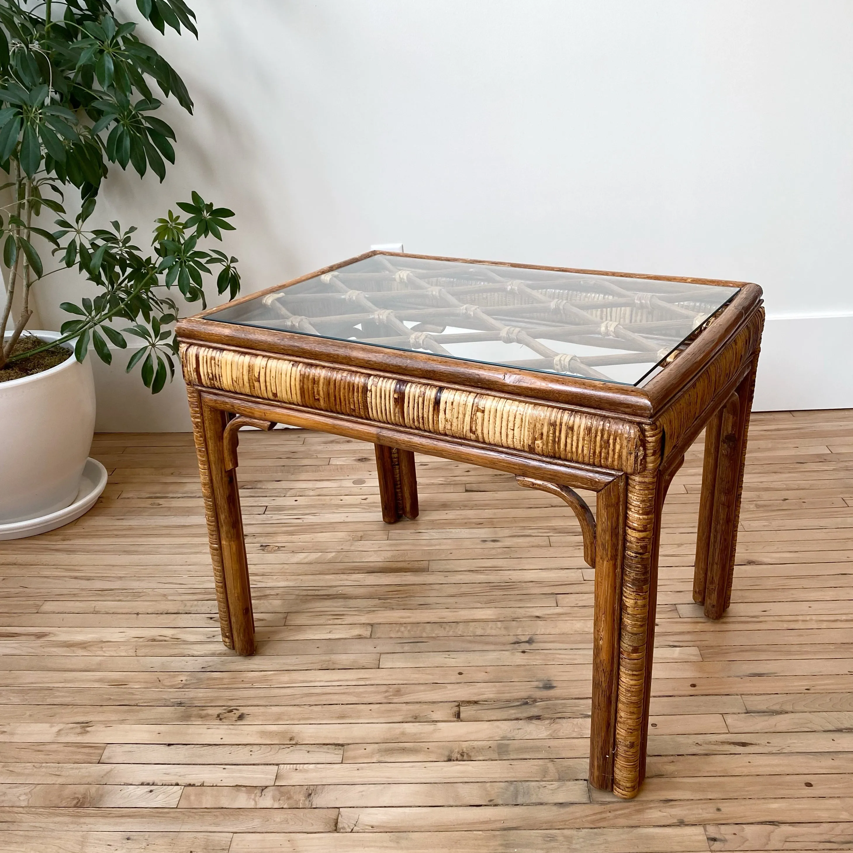 Vintage Rattan   Glass End Table / Side Table