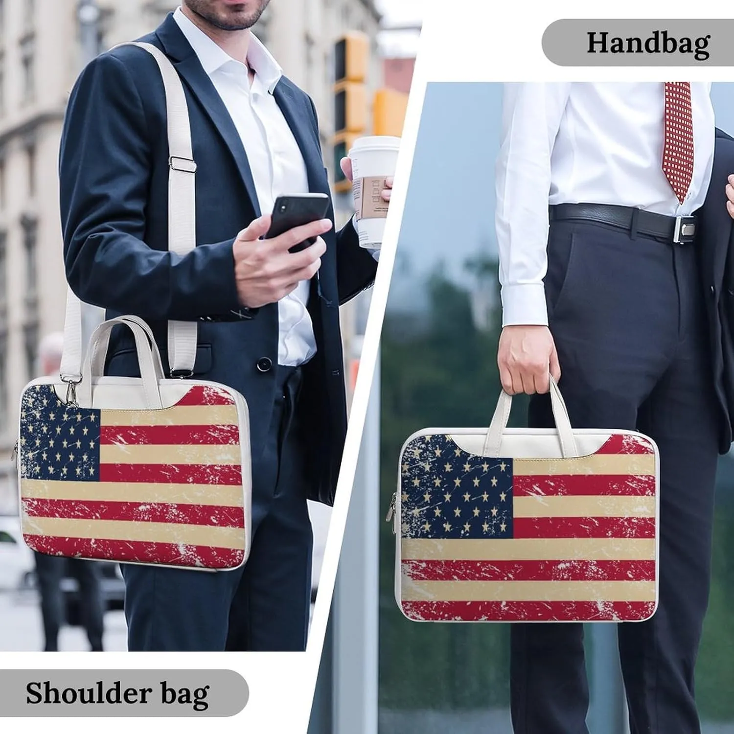 Vintage U.S.A Flag Leather Bag Laptop Case Slim Water Resistant Computer Bags with Handle Briefcase for Work