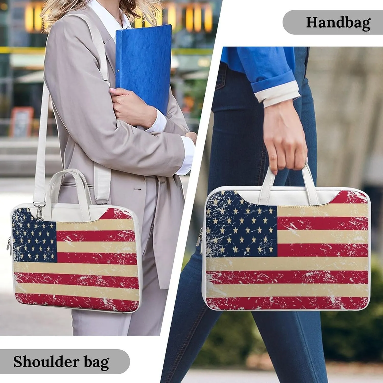 Vintage U.S.A Flag Leather Bag Laptop Case Slim Water Resistant Computer Bags with Handle Briefcase for Work