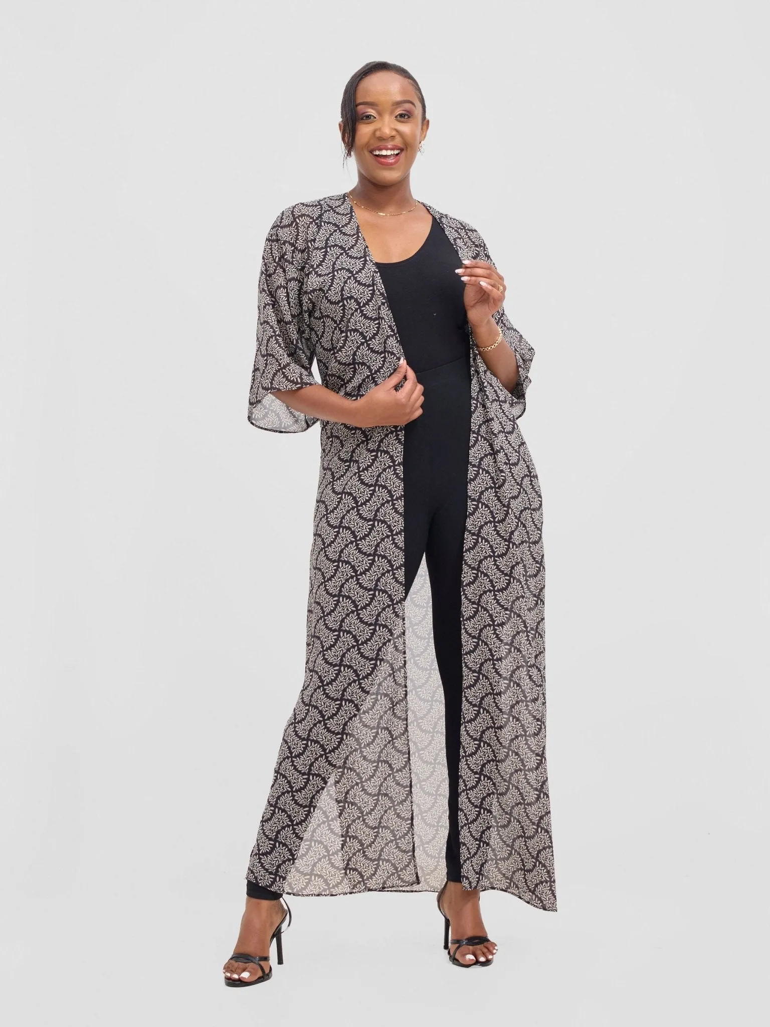 Vivo Basic Nandi A-Line Kimono - Black / White Off-white Ane Print