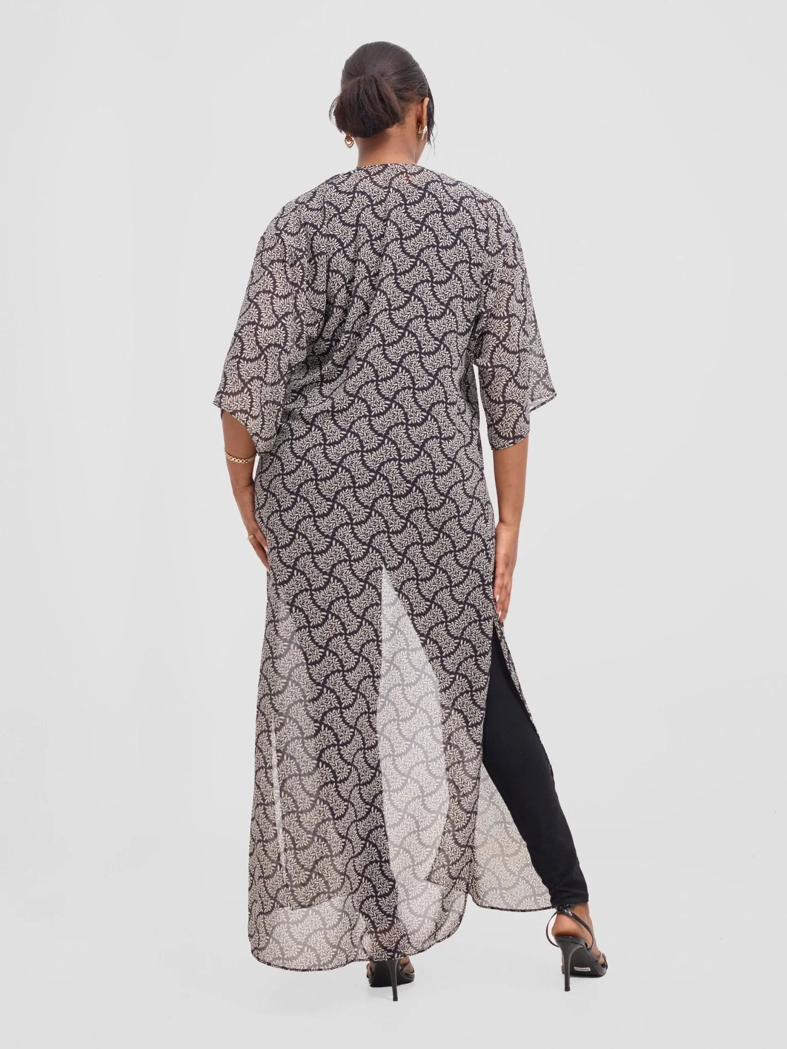 Vivo Basic Nandi A-Line Kimono - Black / White Off-white Ane Print