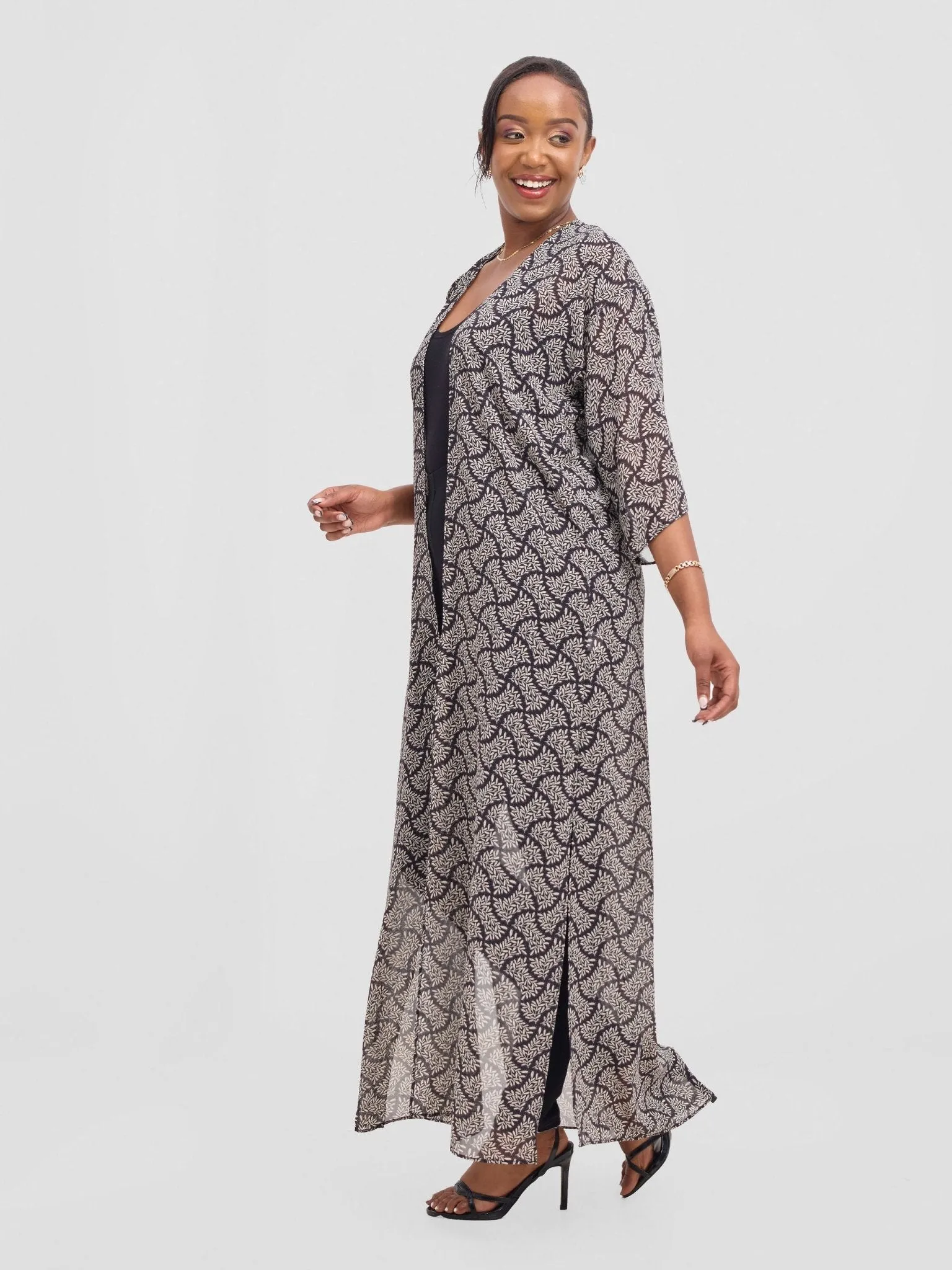 Vivo Basic Nandi A-Line Kimono - Black / White Off-white Ane Print