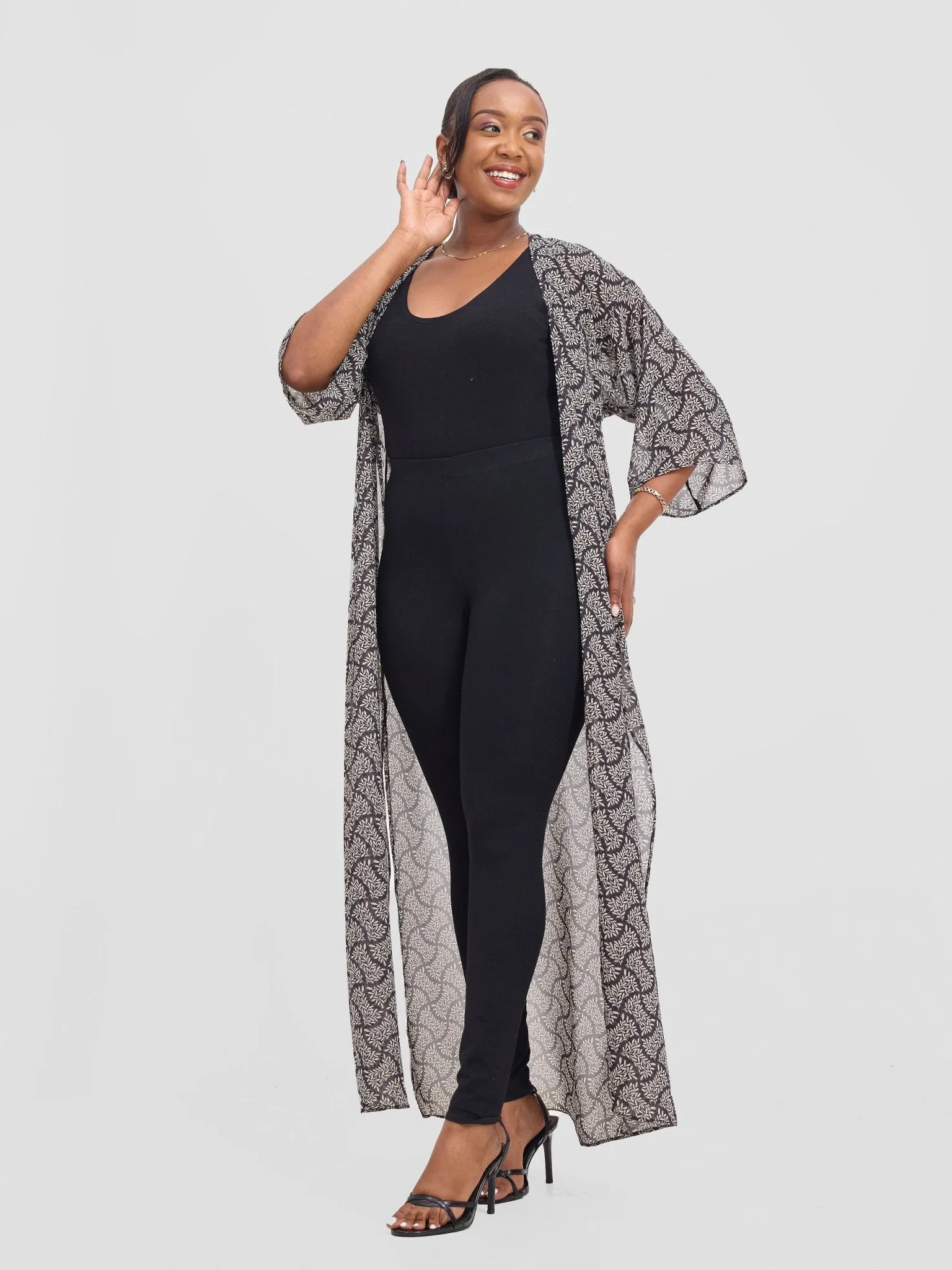 Vivo Basic Nandi A-Line Kimono - Black / White Off-white Ane Print