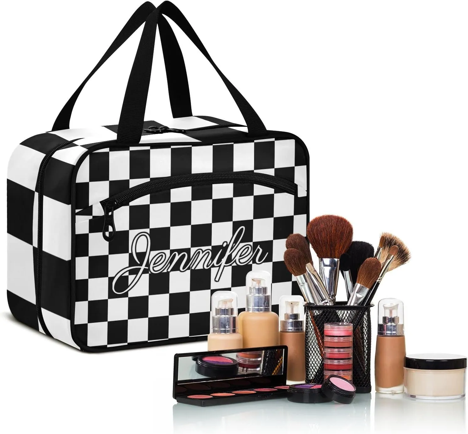 Vnurnrn Custom Chessboard Checkered Travel Toiletry Bag for Women Men Hanging Makeup Bag Portable Cosmetic Organizer Make Up Bag for Cosmetics Traveling Daily Use