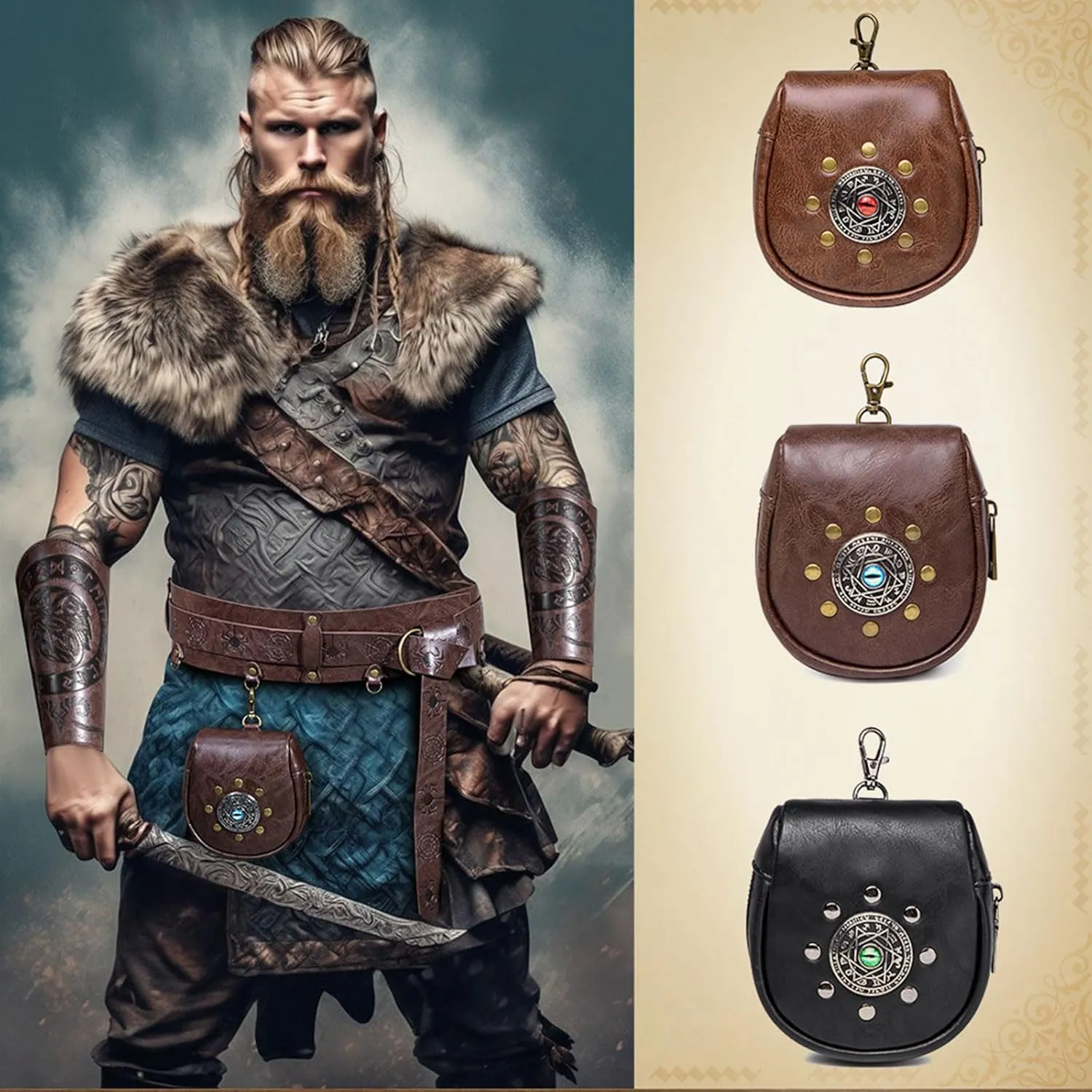 Waist bag,Medieval Embossed PU Leather Belt Pouches Retro Coin Purse for Halloween Party Costume Costume Accessory
