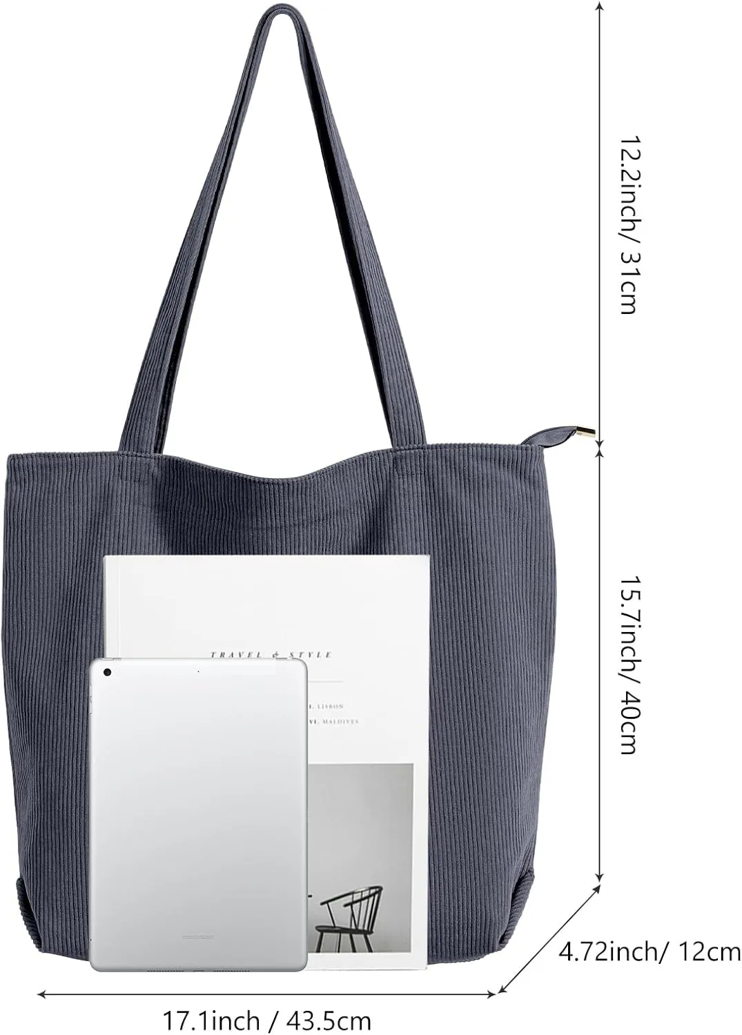 WantGor Women Corduroy Tote Bag, Large Shoulder Hobo Bags Casual Zipper Handbags Work Travel Shopping Bag with Pockets
