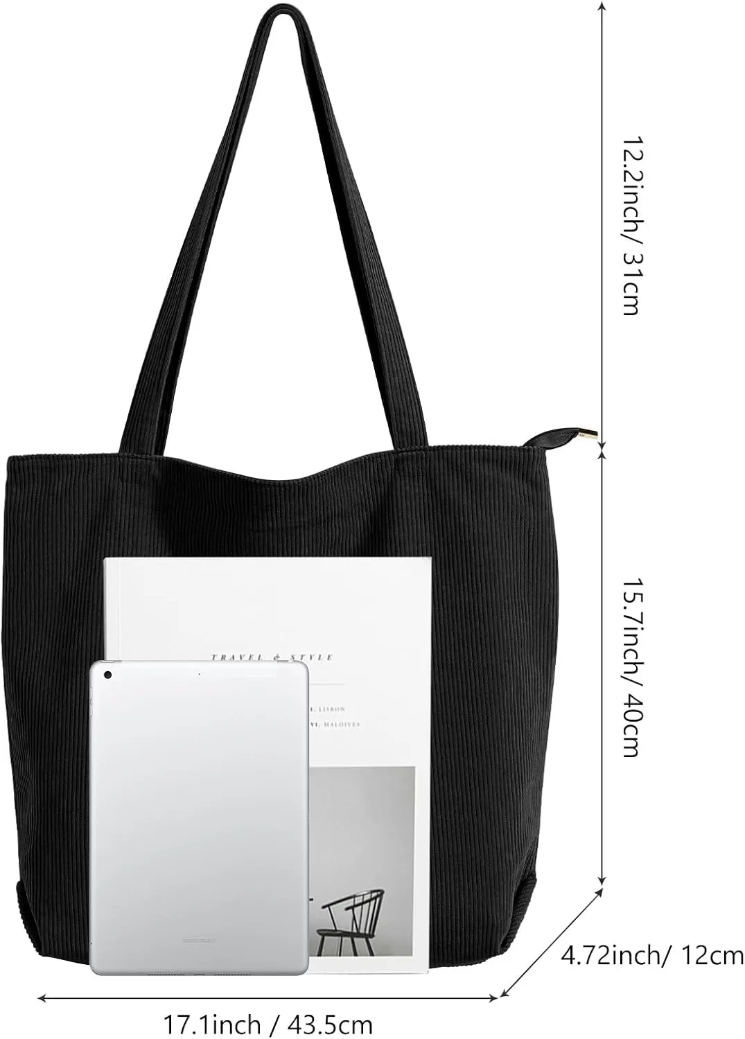 WantGor Women Corduroy Tote Bag, Large Shoulder Hobo Bags Casual Zipper Handbags Work Travel Shopping Bag with Pockets