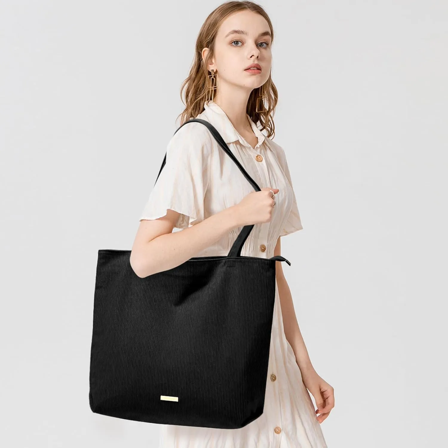 WantGor Women Corduroy Tote Bag, Large Shoulder Hobo Bags Casual Zipper Handbags Work Travel Shopping Bag with Pockets