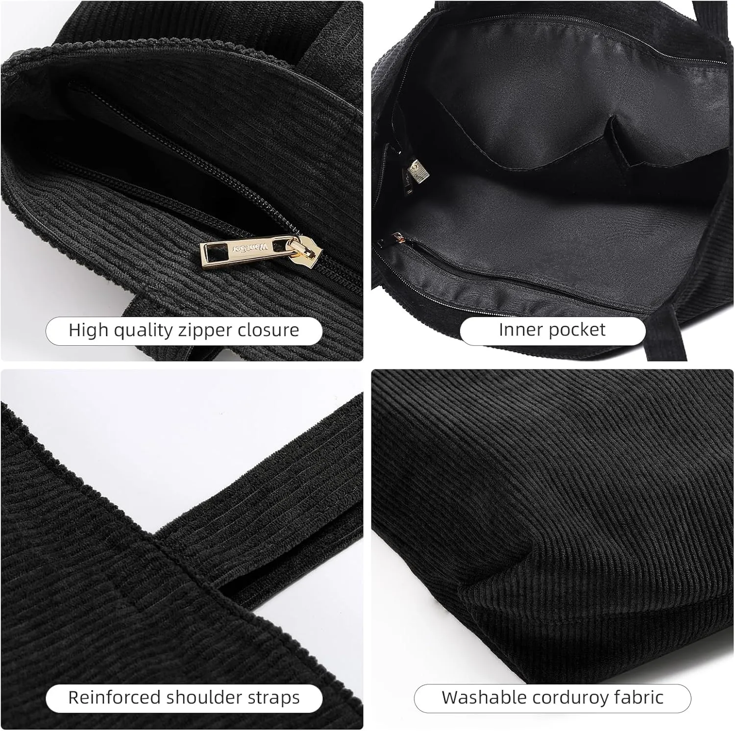 WantGor Women Corduroy Tote Bag, Large Shoulder Hobo Bags Casual Zipper Handbags Work Travel Shopping Bag with Pockets
