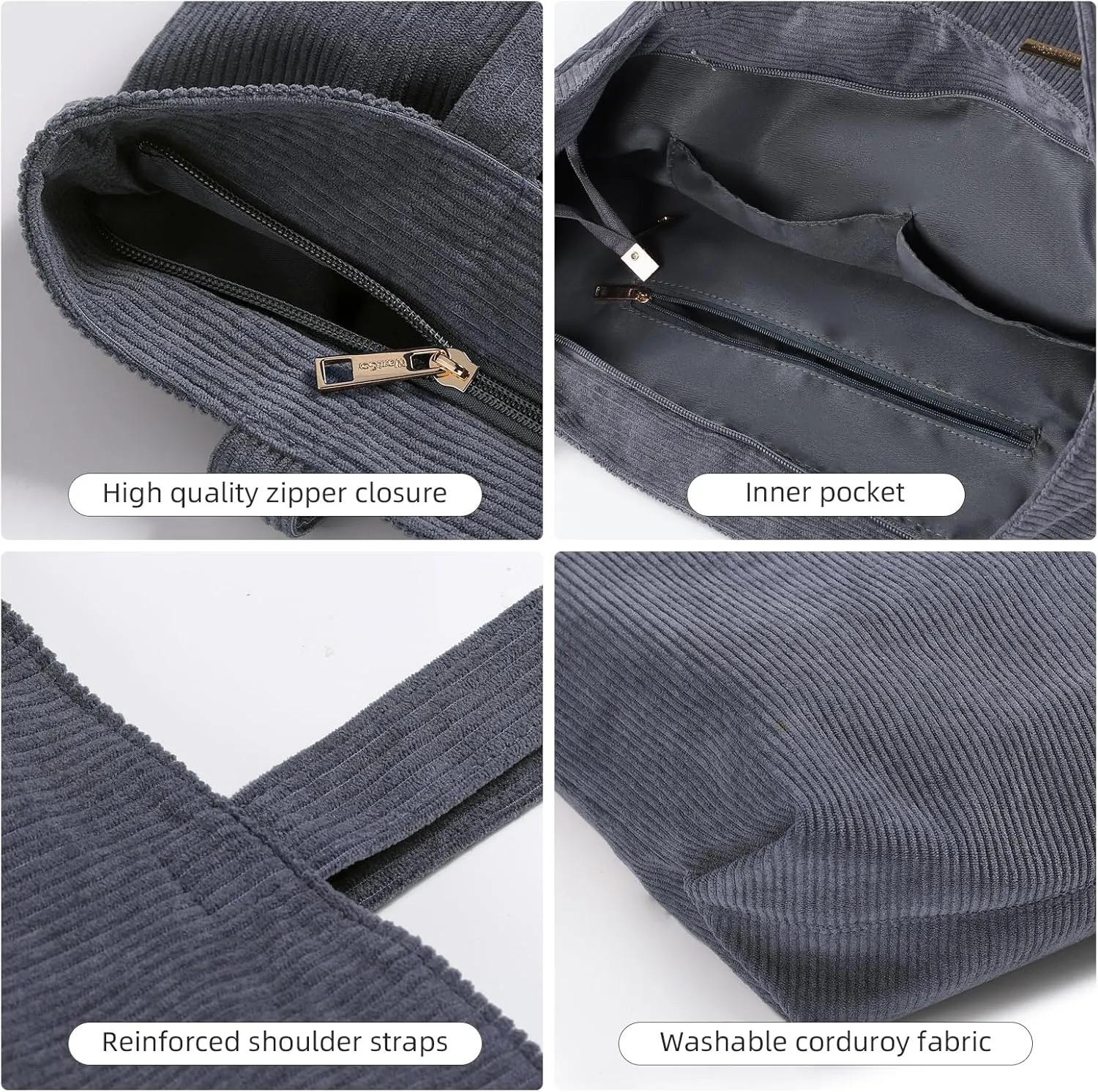 WantGor Women Corduroy Tote Bag, Large Shoulder Hobo Bags Casual Zipper Handbags Work Travel Shopping Bag with Pockets