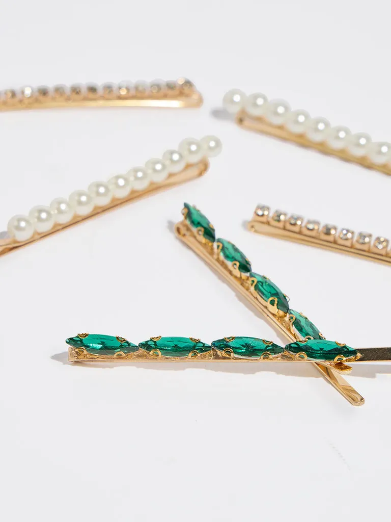 Westside Accessories Gold Pearl & Stone Embellished Hair Clips - Pack of 6
