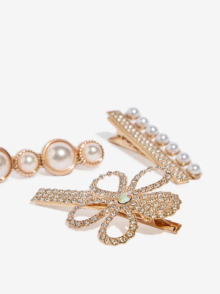 Westside Accessories Gold Pearl Embellished Hair Clips - Pack of 3