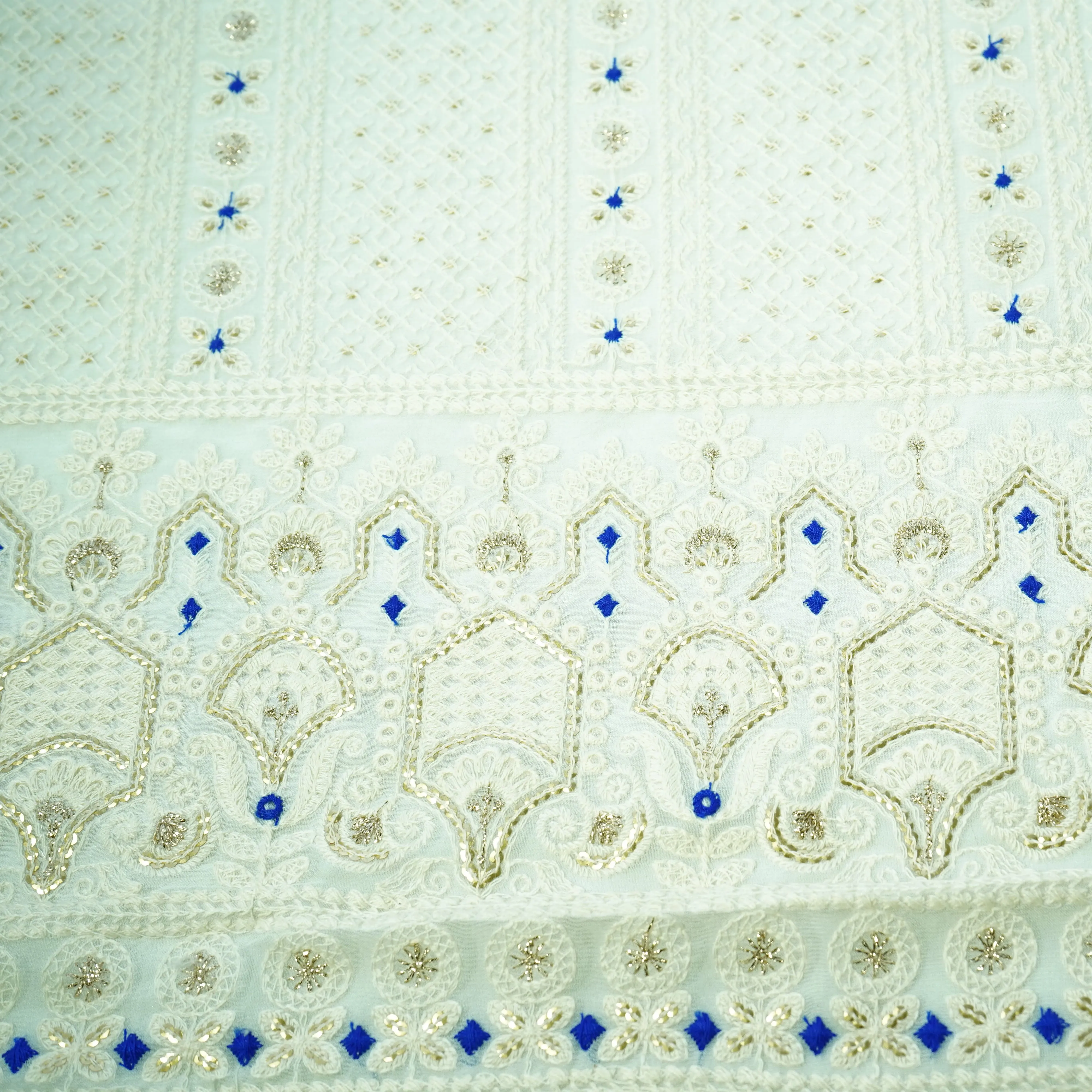 White Blue Thread Sequence Embroidery Dyeable Georgette Fabric
