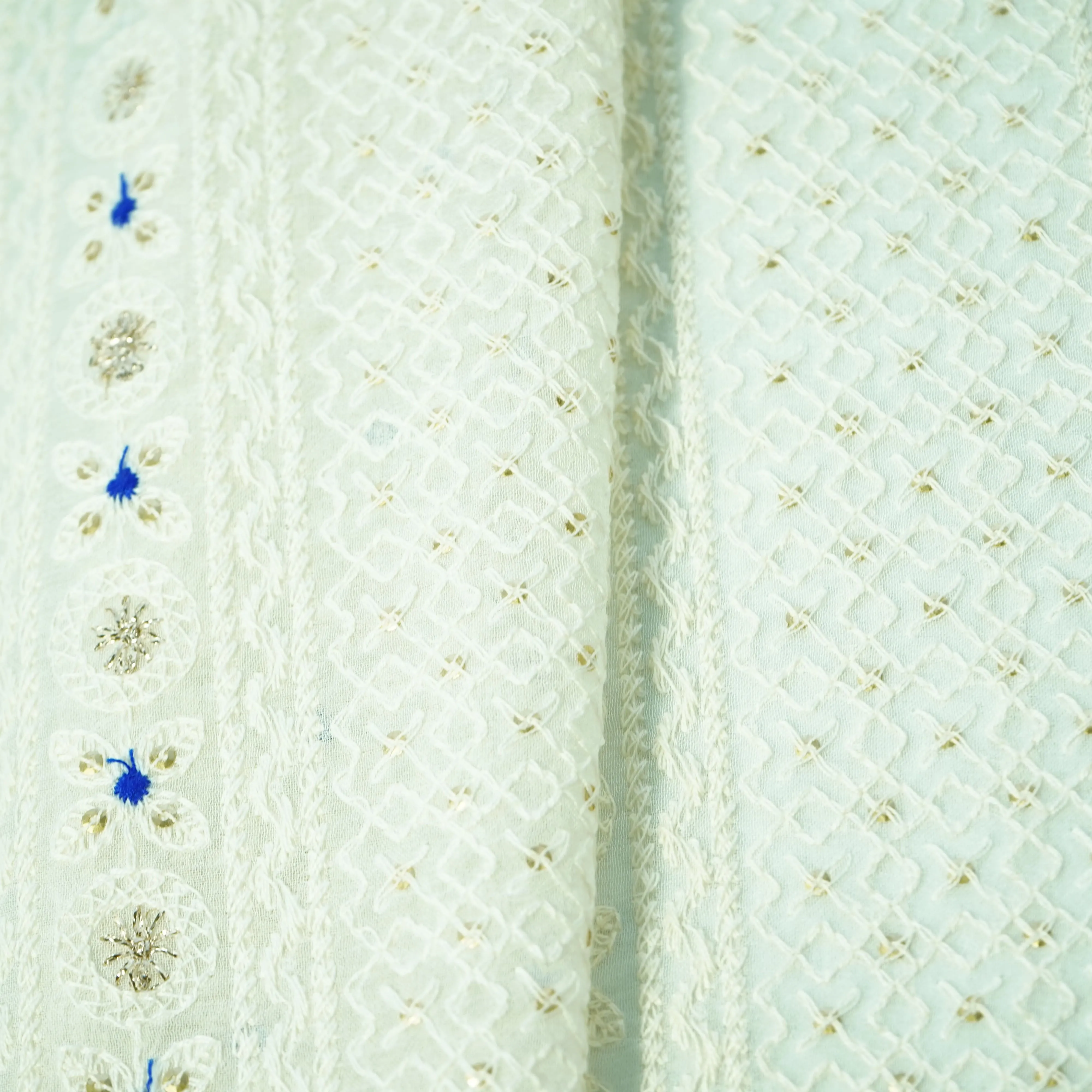 White Blue Thread Sequence Embroidery Dyeable Georgette Fabric