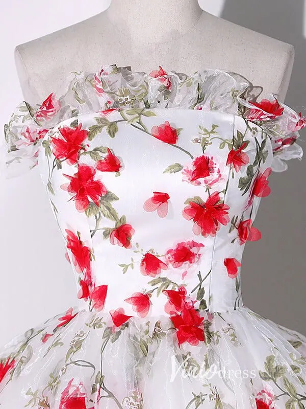 White Strapless Ball Gown Red Floral Quinceanera Dresses FD3533